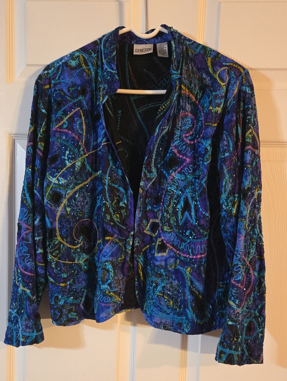 Chico's Blue Multi Embellished Open-Front Jacket